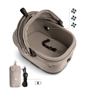 A Maeve iso 5x Wind Pet Car Seat in the fashion tawny showing the interior intergrated fan and the battery power bank pouch