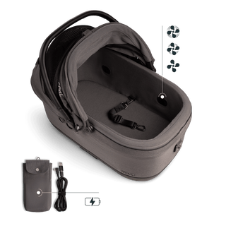 A Maeve iso 6x Wind Pet Car Seat in the fashion ashen showing the interior intergrated fans and the battery power bank pouch