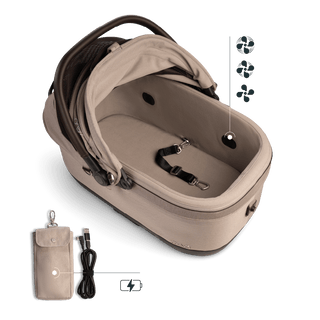 A Maeve iso 6x Wind Pet Car Seat in the fashion fawn showing the interior intergrated fans and the battery power bank pouch