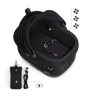 Maeve iso5x pet car seat in the onyx fashion shown from above with the durable mattress pad and pointing out the integrated fans and the power bank bag