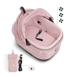 Maeve iso5x pet car seat in the sakura fashion shown from above with the durable mattress pad and pointing out the integrated fans and the power bank bag