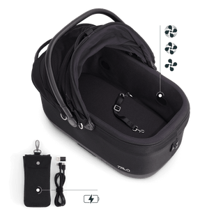 Maeve iso6x pet car seat in the onyx fashion shown from above with the durable mattress pad and pointing out the integrated fans and the power bank bag