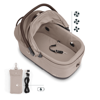 Maeve iso6x pet car seat in the tawny fashion shown from above with the durable mattress pad and pointing out the integrated fans and the power bank bag