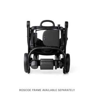 Front view of the folded pet stroller with the Dupree adapter secured on the frame in the closed position. Below the image is text that reads: "Roscoe frame available separately."