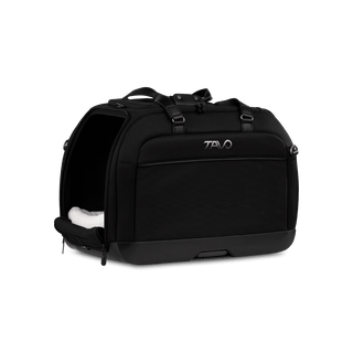 An onyx fashion Hendrick Pet Car Seat with a side door rolled open showing a comfort mattress