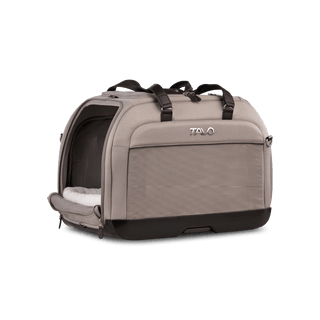 An tawny fashion Hendrick Pet Car Seat with a side door rolled open showing a comfort mattress