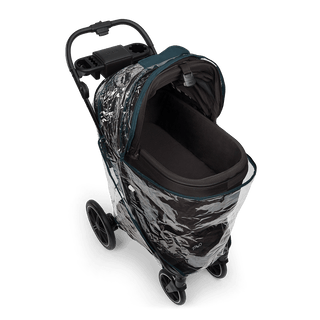 A Tavo Pets rain cover on a Maeve 7 series pet travel system shown from overhead with the carrier open