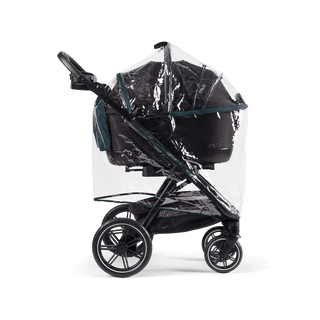A Tavo Pets rain cover on a Maeve 6 series pet travel system shown from the side