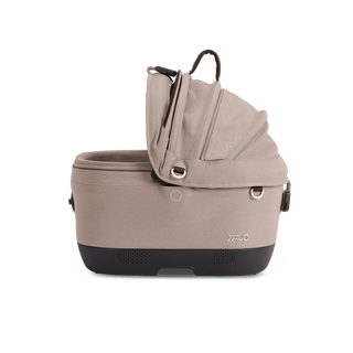 Maeve iso5x pet car seat in the fawn fashion shown from the front with its canopy open on the left