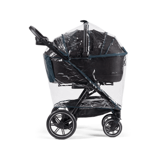 A Tavo Pets rain cover on a Maeve 7 series pet travel system shown from the side