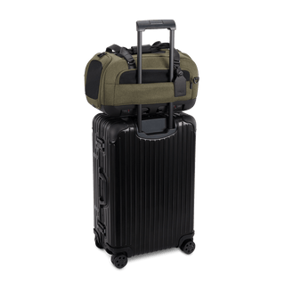 Dupree II pet car seat in the fern fashion shown on top of luggage using the trolley sleeve