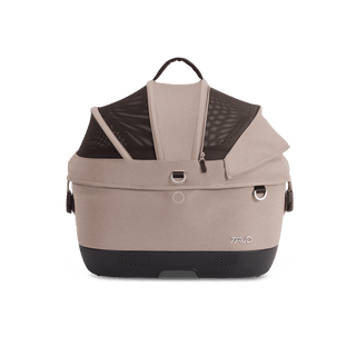 Maeve iso5x pet car seat in the fawn fashion shown from the front showing the peek-a-boo windown unzipped