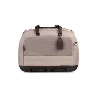 An tawny fashion Hendrick Pet Car Seat from the back showing rigid ISOFIX latches tucked away and a luggage tag