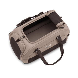 Dupree II pet car seat in the fawn fashion shown from the top showing the top window unzipped