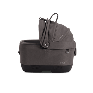 Maeve iso5x Wind pet car seat in the ashen fashion shown from the front with its canopy open on the right