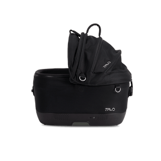 Maeve iso5x Wind pet car seat in the onyx fashion shown from the front with its canopy open on the right