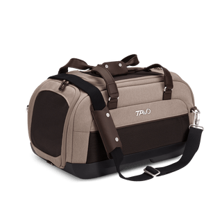 Dupree II pet car seat in the fawn fashion shown from the front with the included shoulder strap attached
