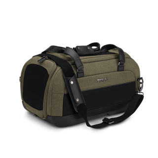 Dupree II pet car seat in the fern fashion shown from the front with the included shoulder strap attached