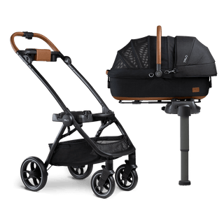 medium pet carrier with hard handle on vehicle base and stroller frame