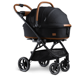 medium pet carrier with hard handle and canopy on stroller