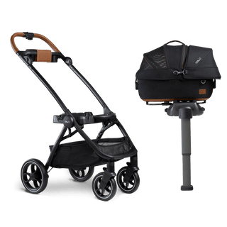 small pet carrier on vehicle base and stroller frame