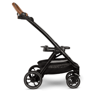 black stroller frame with tan accents