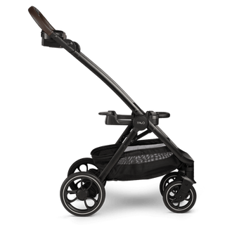black stroller frame with brown accents