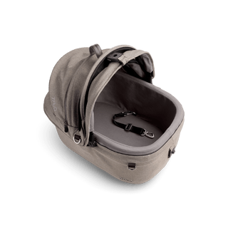 top view of beige small pet car seat with canopy open and short leash with beige liner