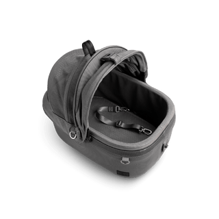 top view of gray small pet car seat with all mesh canopy open and short leash with mesh gray liner