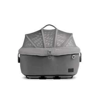 side view of gray small pet car seat with closed all-mesh canopy