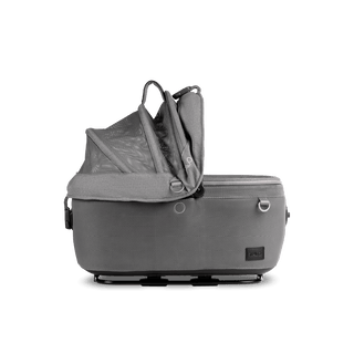 side view of gray small pet car seat with right side of all-mesh canopy open