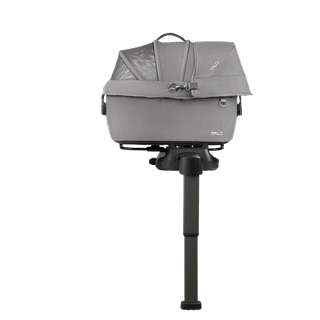 side view of gray small pet car seat on base with extended load leg and side impact protection