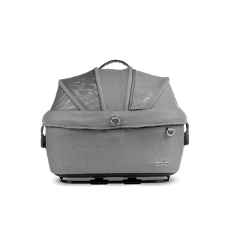 side view of gray small pet car seat with canopy closed