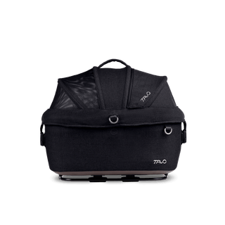 side view of black small pet car seat with canopy closed