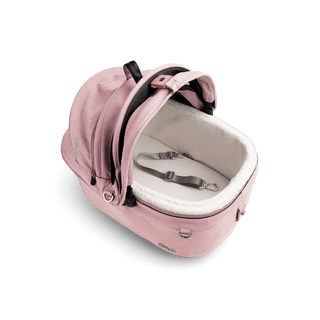 top view of pink small pet car seat with canopy open and leash with white comfort liner