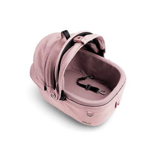 top view of pink small pet car seat with canopy open and short leash with pink liner
