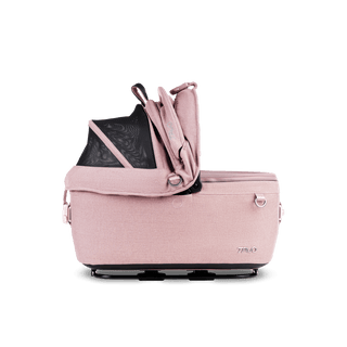 side view of pink small pet car seat with right side of canopy open