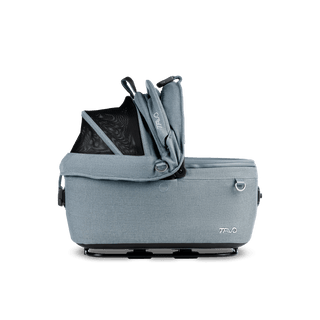 side view of blue small pet car seat with right side of canopy open