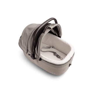 top view of beige medium pet car seat with canopy open and leash with white comfort liner