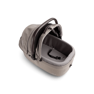 top view of beige medium pet car seat with canopy open and short leash with beige liner
