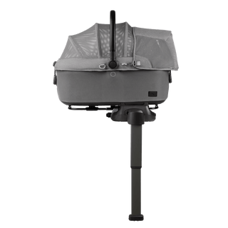 side view of gray medium pet car seat with mesh fabric, secured on a base with extended load leg and side impact protection