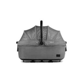 side view of gray medium pet car seat with closed all-mesh canopy