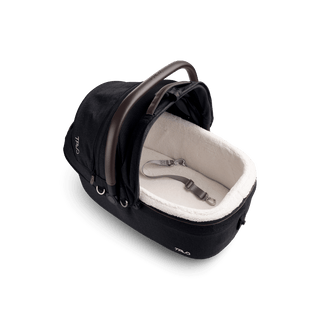 top view of black medium pet car seat with canopy open and leash with white comfort liner