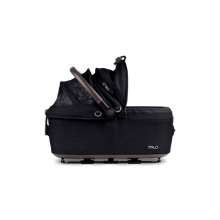 side view of black medium pet car seat with right side of canopy open