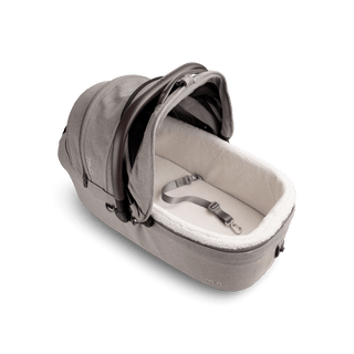 top view of beige large pet car seat with canopy open and leash with white comfort liner