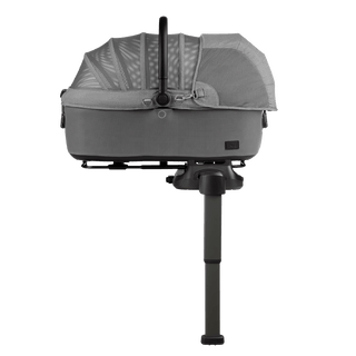 side view of gray large pet car seat with mesh fabric, secured on a base with extended load leg and side impact protection