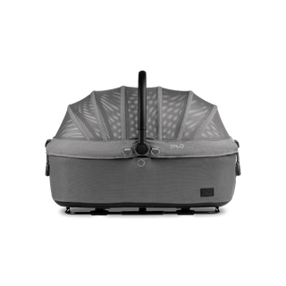 side view of gray large pet car seat with closed all-mesh canopy