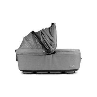 side view of gray large pet car seat with right side of canopy open