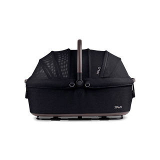 side view of black large pet car seat with canopy closed
