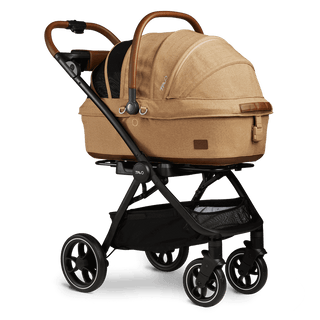 medium pet carrier with hard handle and canopy on stroller